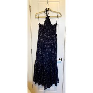 Navy Blue Halter Dress with Gold Polka Dots